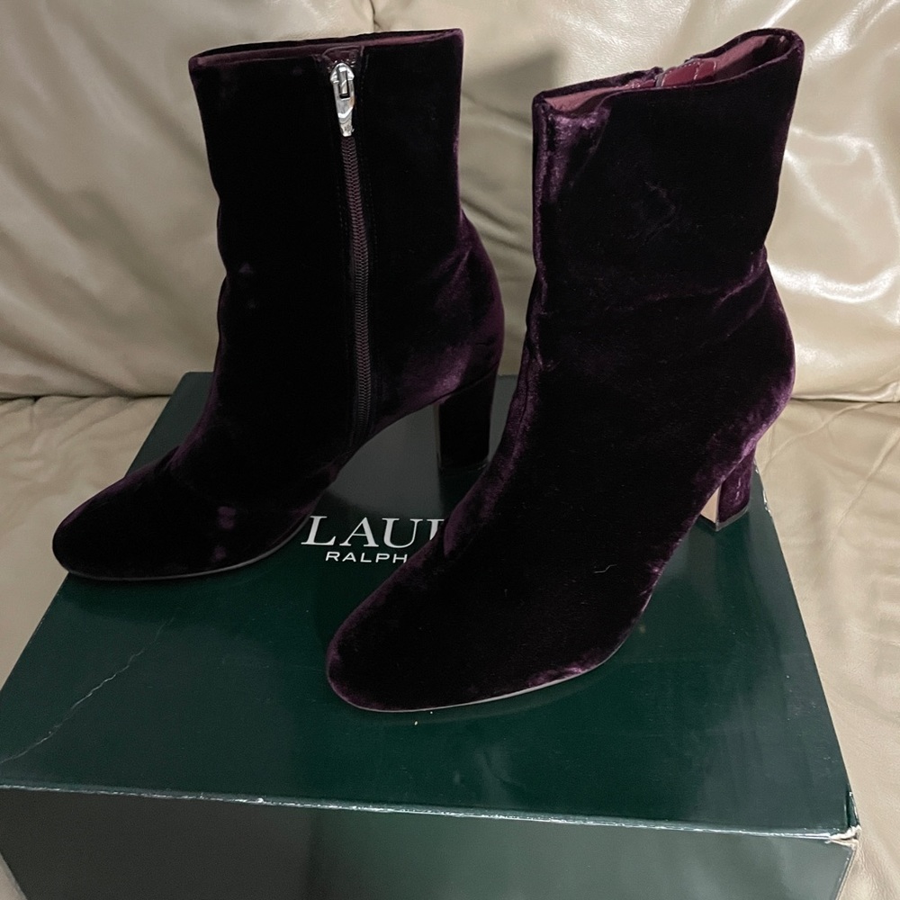 Lauren Ralph Lauren velvet zipper booties in deep purple, size 9.5